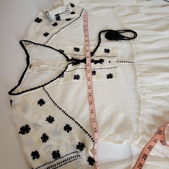 Free People Semi Sheer Peasant Style Tunic w/Embroidery Tie Front Beige/Blk Sz L - Picture 7 of 14